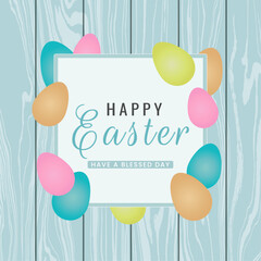 Vector illustration of a Happy Easter greeting with colorful eggs. Features a festive handwritten 