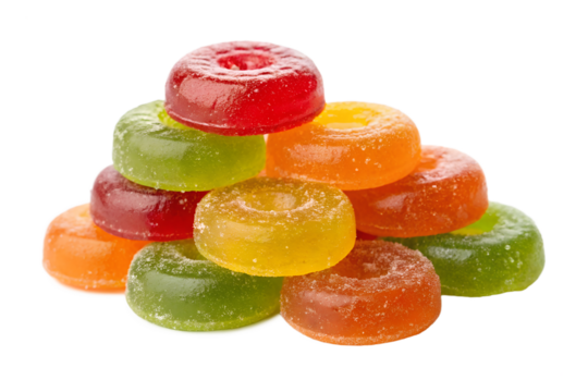 Colorful, stacked gummy rings, isolated on transparent background