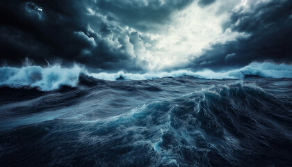 Obraz premium Dark storm clouds gather over the ocean, dramatic scene capturing the raw power of nature, Thunderous waves crash against the shore as bolts of lightning split the night sky. Concept: Storm over sea