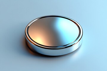 A button designed as a polished, metallic disk, with a slight concave surface that catches light, creating a modern and refined look
