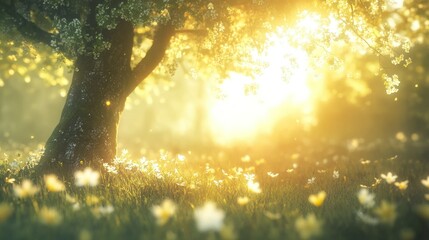 A sunlit forest scene featuring a tree and flower filled meadow