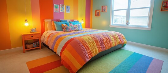 Colorful Kids' Bedroom with Rainbow Walls and Striped Bedding
