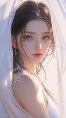 A person with long hair wearing a white top and earrings, partially covered by a sheer fabric