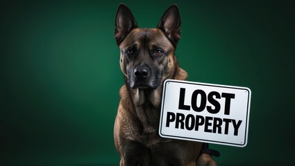 A Belgian Malinois dog posing seriously with a sign that reads 'Lost Property' against a dark green backdrop, highlighting its alert expression