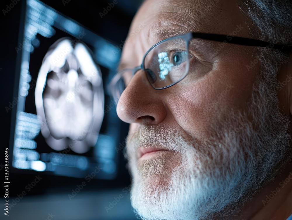 Fototapete close up of a medical professional in glasses analyzing a brain scan on a computer screen in a dim e