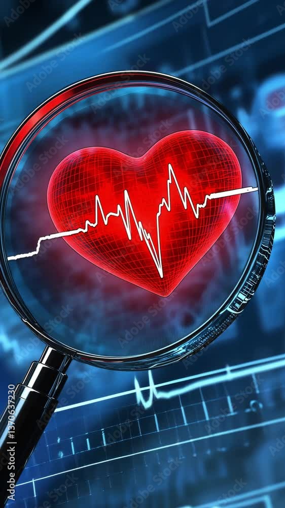 Poster exploration of heartbeat patterns displayed through a magnifying glass with vibrant digital graphics