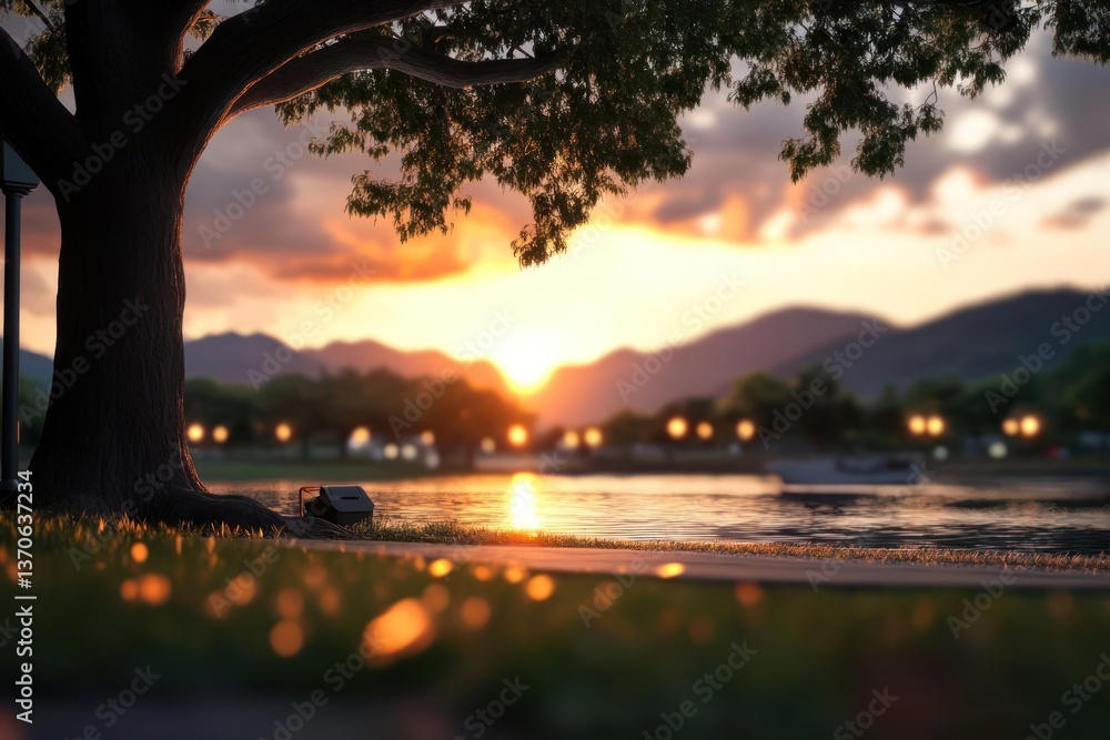 Aufkleber Tranquil sunset scene over a lake with a silhouetted tree in the foreground and distant mountains under a warm orange sky. The water reflects the golden light with a path and illuminated lights