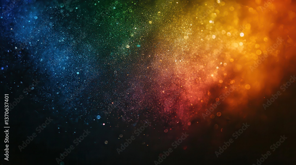 Poster blur colorful warm rainbow light leaks on black background with dust texture. defocused abstract dam