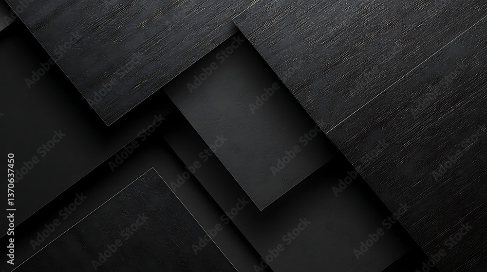 Poster abstract background featuring overlapping geometric layers or tiles in dark grey and black with subt