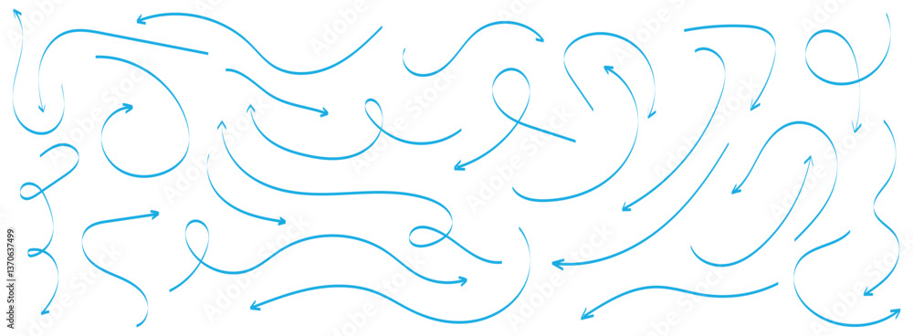 Poster hand drawn arrow vector icons set. set of simple lines hand drawn blue arrows in various style. set 
