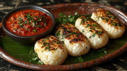 Rice Cakes with Sauce on Banana Leaf