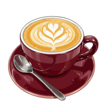 caffe latte in burgundy ceramic cup