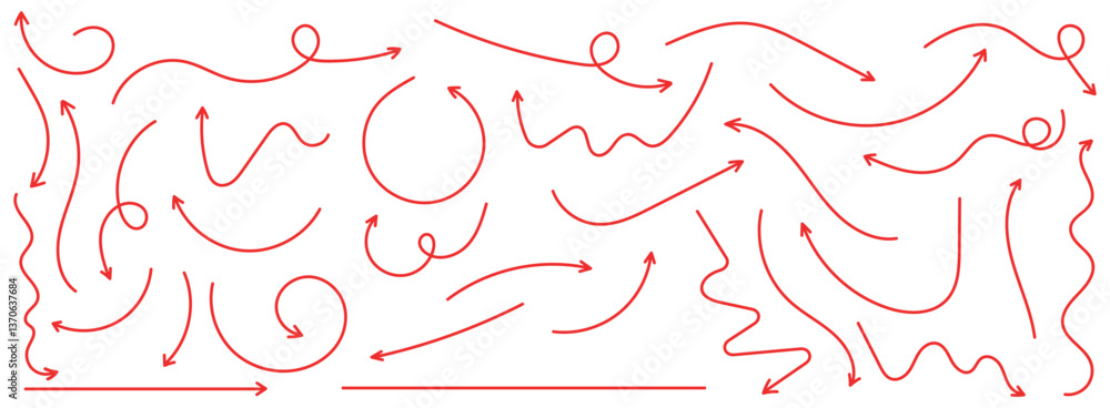 Poster a vector set of red arrows pointing in different directions. hand-drawn, doodle elements isolated on
