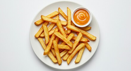 french fries with clear white background with sauce in the beside with white plate