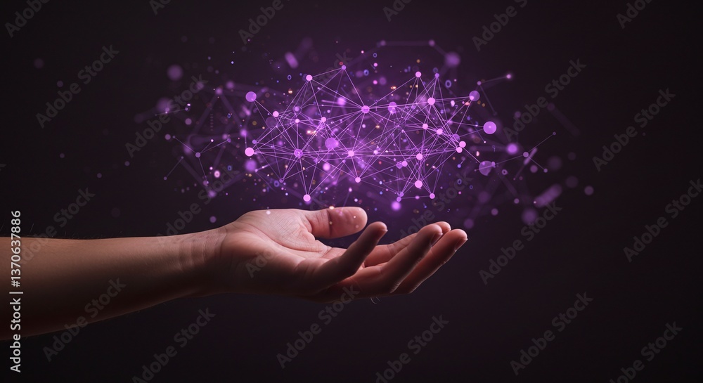 Poster network of the future: the image captures a human hand cradling a glowing network of interconnected 