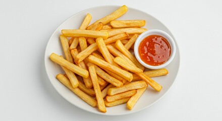 french fries with clear white background with sauce in the beside with white plate