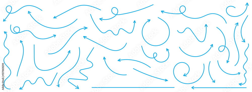 Poster hand drawn arrow vector icons set. set of simple lines hand drawn blue arrows in various style. set 