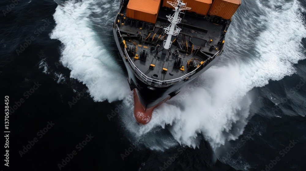 Poster Aerial view of a large cargo ship navigating choppy dark ocean waters. The ship's hull is black and orange with white wake creating a dynamic visual contrast
