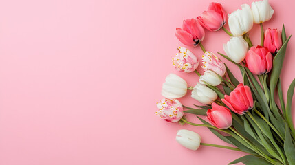 ピンクの背景に並ぶカーネーションや花々とつぼみ