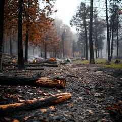 Obraz premium Forest aftermath reveals burnt trees and charred remains during a foggy morning