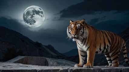 A Royal Bengal Tiger is sitting on the stone in full moon night with nice black background.