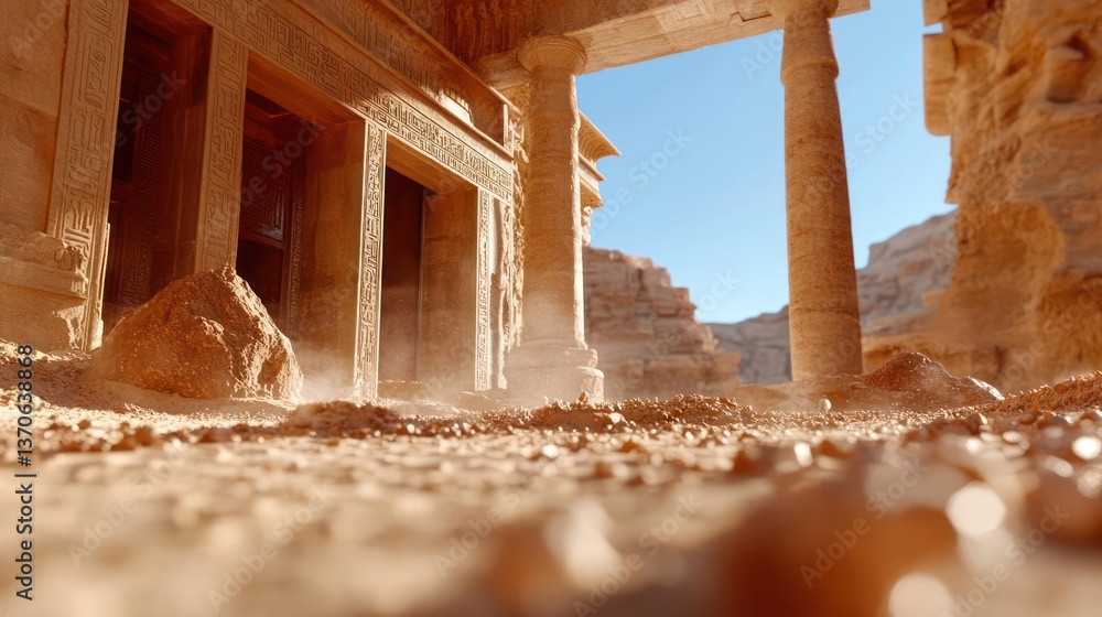 Poster ancient sandstone architecture illuminated by sunlight showcasing pillars intricate details and dese