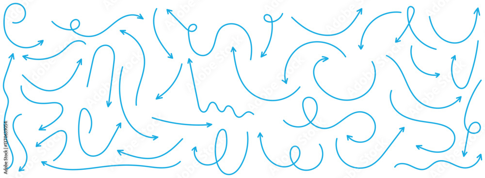 Poster hand drawn arrow vector icons set. set of simple lines hand drawn blue arrows in various style. set 