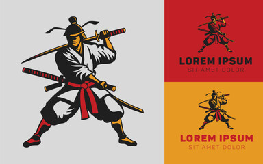 samurai attack pose with katana cartoon icon logo illustration
