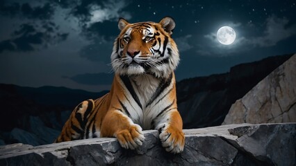 A Royal Bengal Tiger is sitting on the stone in full moon night with nice black background.