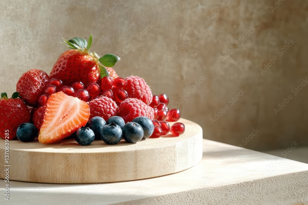 Aufkleber pile of assorted vibrant fresh berries like strawberries raspberries blueberries and red currants ar