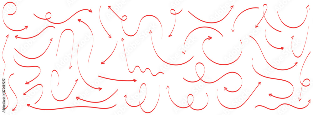 Poster red curved arrows: a set of hand-drawn vector arrows. collection of pointers. set of hand-drawn red 