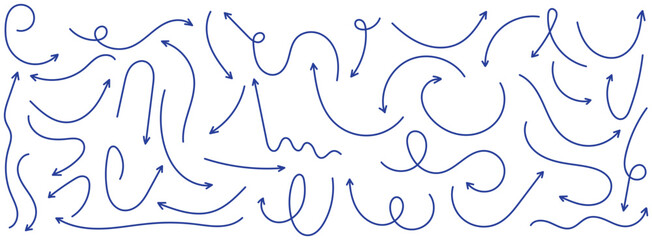 Set of blue hand-drawn arrow signs or symbols. Blue hand drawn arrow doodles. Blue hand drawn arrow elements. Blue Arrow design.