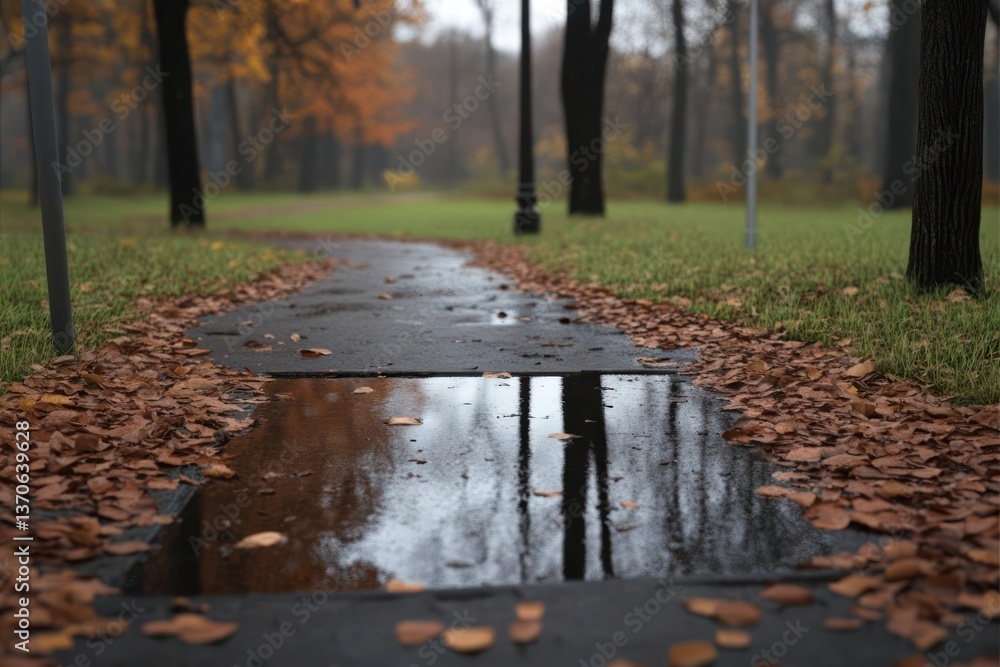 Aufkleber autumn park scene with a wet pathway reflecting the sky and surrounding trees, covered in fallen lea