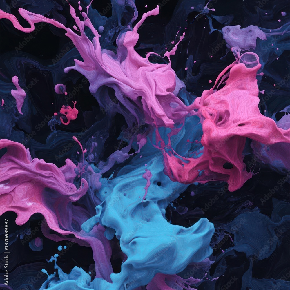 Poster Dynamic abstract composition featuring vibrant splashes of pink and cyan hues against a dark background. The image showcases liquid textures and a sense of movement