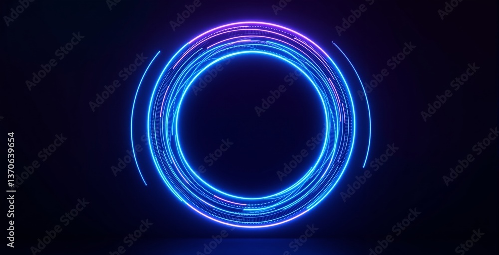 Poster glowing circular neon light with blue and purple digital lines in abstract style on a dark backgroun