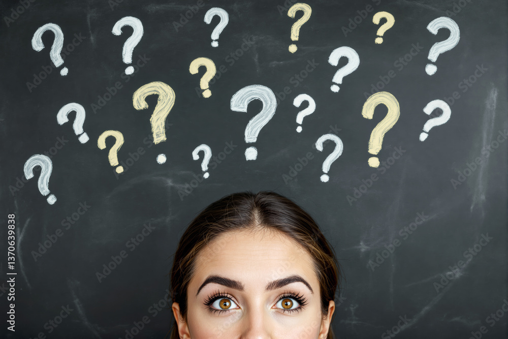 Poster woman with questioning expression and chalk-drawn question marks on blackboard background.
