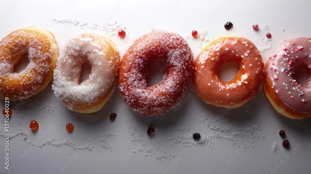 Aufkleber overhead shot of assorted glazed donuts in a row with sprinkled toppings and scattered candies on a 