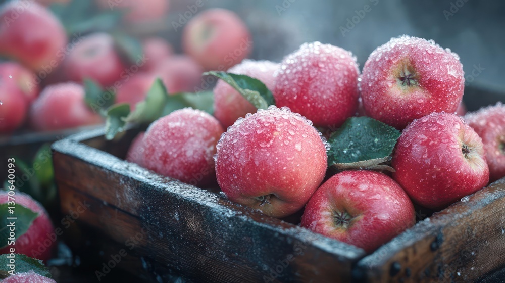Poster close-up of red fruits with sugar dusting in a wooden crate with green leaves. focus on the front ro