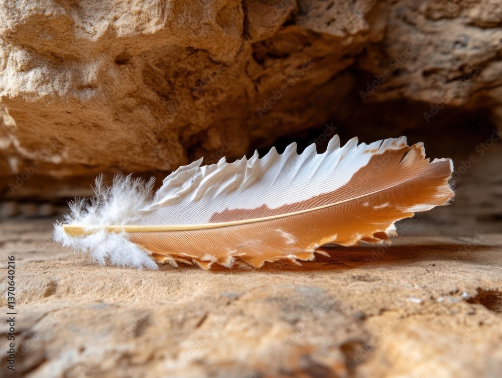 Poster close-up of a single feather resting on a textured light brown stone surface under natural sunlight 