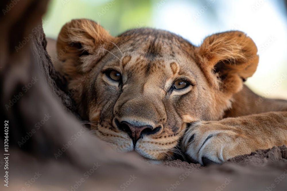 Poster close-up of a lion resting its head in a burrow with focused gaze brown eyes and soft lighting again