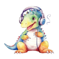 dinosaur listening music cute watercolors illustration on white background