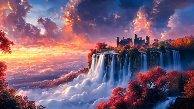 Fantasy castle on a cliffside waterfall at sunset. Possible stock photo use Nature, landscape, scenery