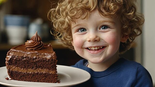 Cheerful child with curly hair happily holding a slice of delicious chocolate cake topped with chocolate frosting, showcasing joy and delight in sweet treats