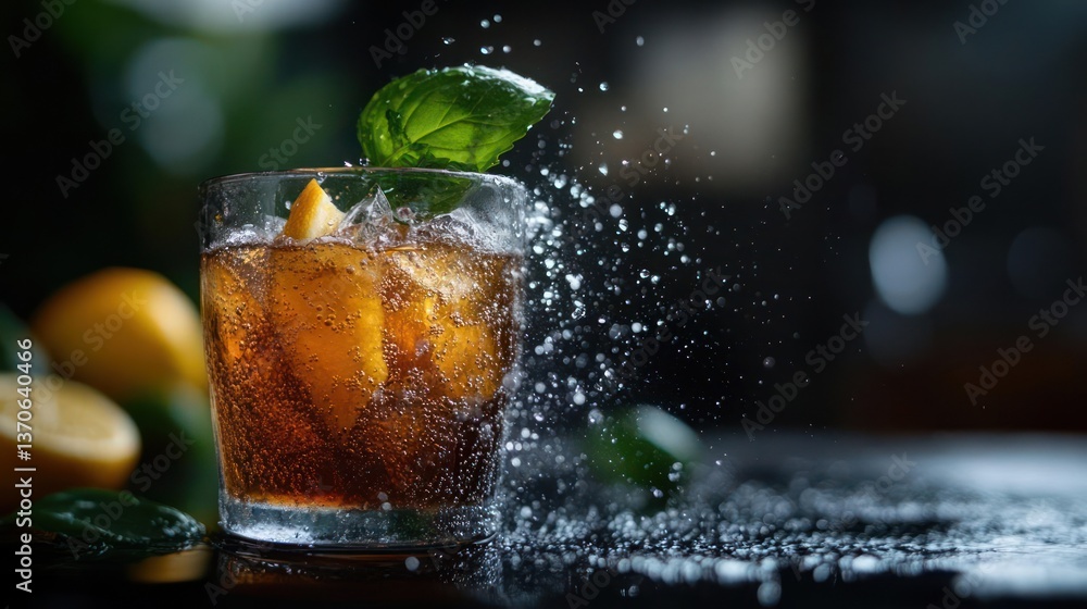 Poster a refreshing cocktail with ice and a lemon slice and mint leaf garnish with water splash in a glass 