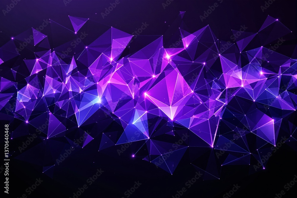 Poster abstract geometric background with glowing purple polygonal shapes and light connections.