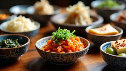 Variety of traditional Korean side dishes (banchan) in decorative bowls on wooden table

