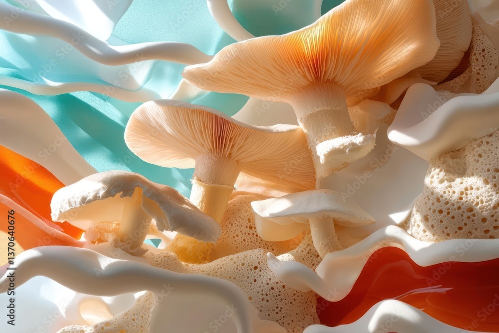 Poster abstract composition featuring mushroom-like forms in cream shades set against flowing ribbons and a