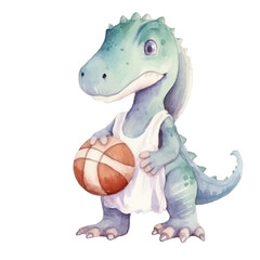 dinosaur playing basketball cute watercolors illustration on white background