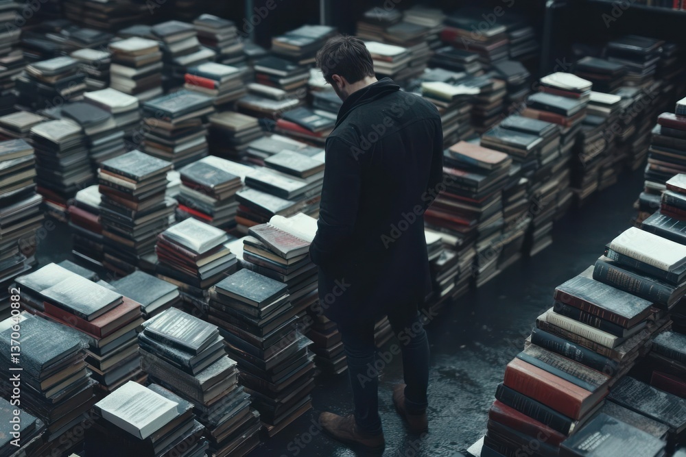 Poster a person in dark attire stands amidst stacks of old books illuminated by moody lighting. the scene e