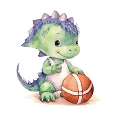 dinosaur playing basketball cute watercolors illustration on white background